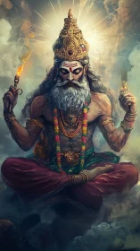 Bearded deity figure levitates in clouds holding torches