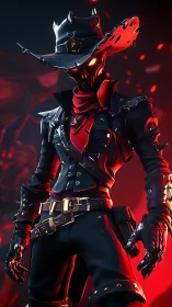 Red-illuminated armored figure in hat with glowing eyes.