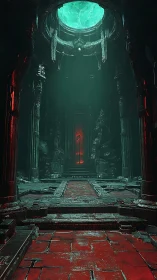 Ruined stone hall with red tiled floor and circular skylight.