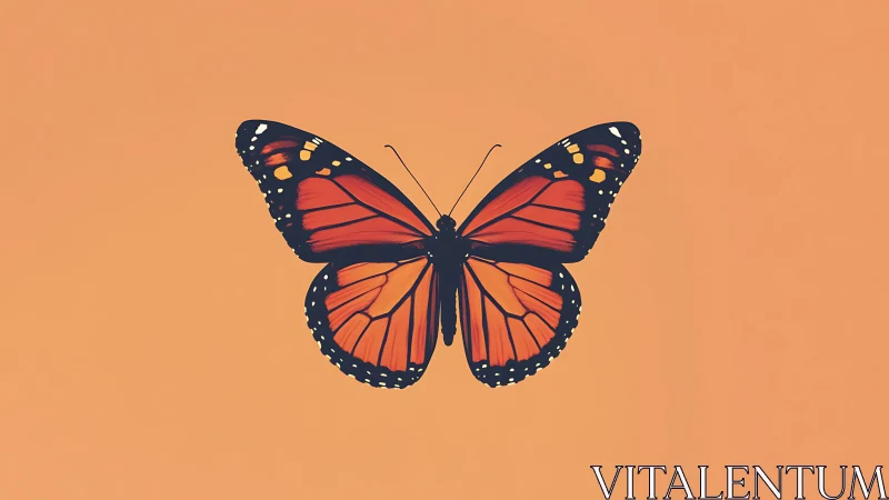 Monarch wings pause mid-flight on a peachy daydream sky.