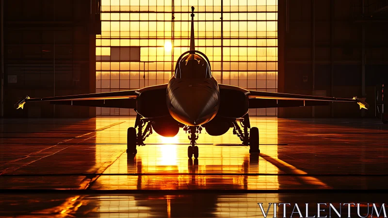 Silhouetted fighter jet aligned against hangar sunrise grid