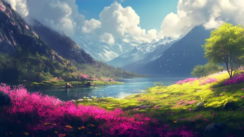 Spring-lit valley unwinds in neon blooms and mirror-bright lake