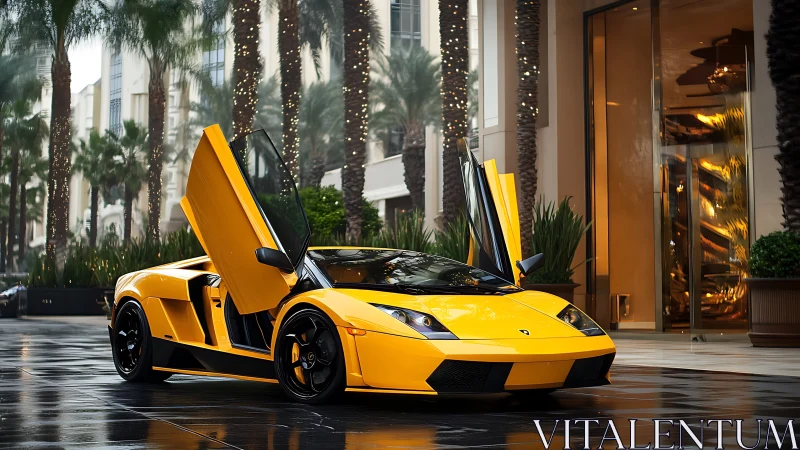 Yellow sports car with scissor doors on wet city street.