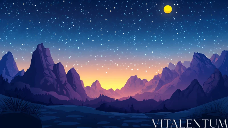 Starlit mountain valley under glowing dusk horizon