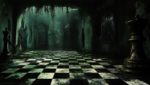 Decayed chess hall with towering pieces in shadowed light.