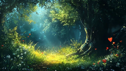 Illuminated forest glade with luminescent vegetation and decorative hearts