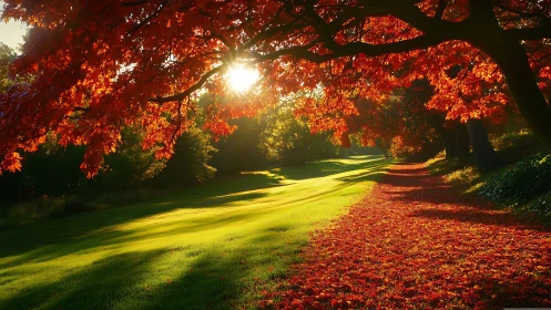 Autumn blaze over a sunlit green path of quiet wonder.