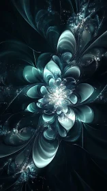 Symmetrical teal fractal formation with petal-like structures.