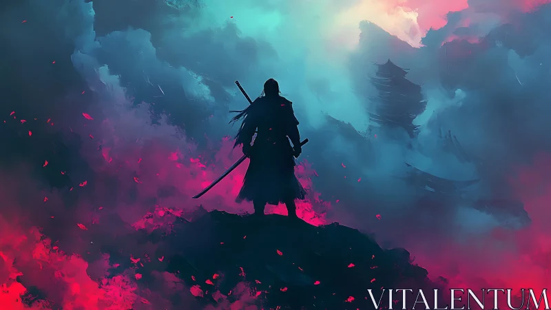 Lone samurai silhouette amid neon storm clouds at dusk.
