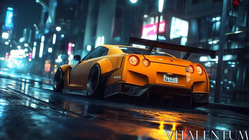 Orange sports coupe on wet city street at night in rain.