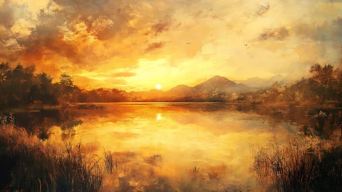 Golden sunset sky over calm lake and distant mountains.