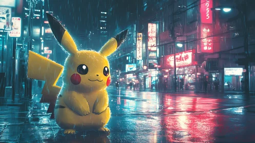 Neon city rain with a glowing electric friend at dusk.