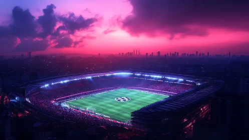 Neon dusk stadium overlooks glowing urban skyline.