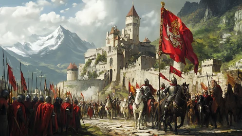 Crimson banners rise before a mountain-forged citadel of steel.