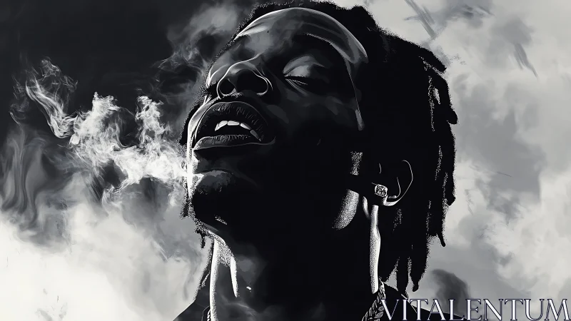 Monochrome portrait with smoke and upward head tilt.