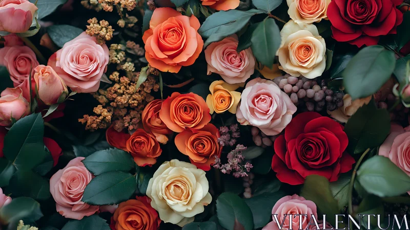 Floral Arrangement with Multiple Rose Varieties and Foliage.