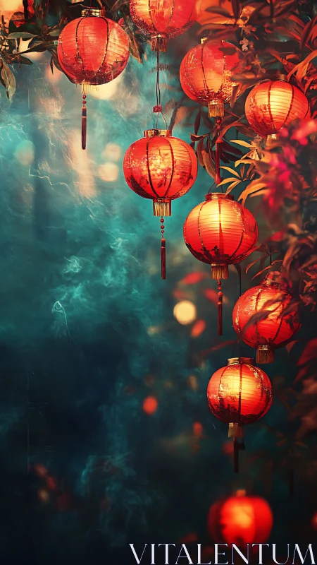 Digital painting of red lanterns in atmospheric bokeh nightscape.