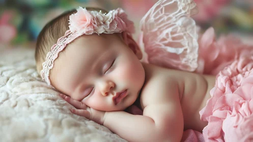 Sleeping baby lies on side wearing pink lace headband