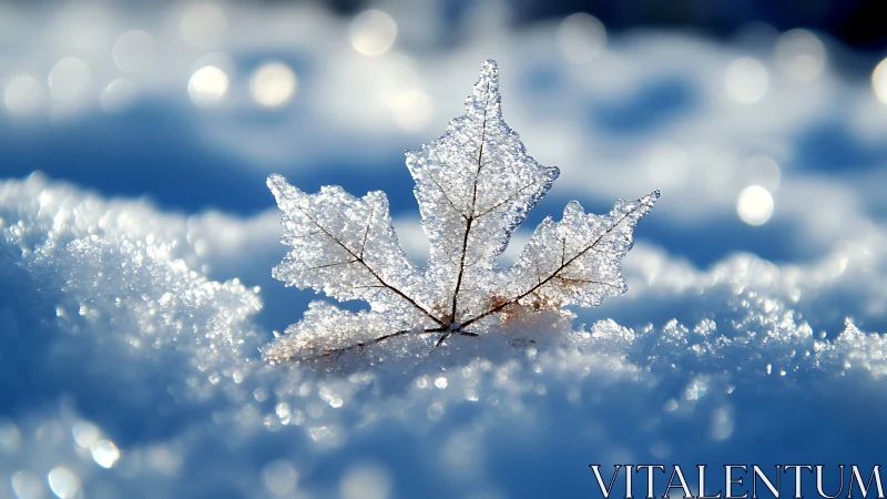 Sparkling frosted leaf rests softly in gentle winter light
