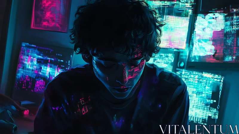 Cyberpunk operator lit by multi-screen glitch data in neon hues