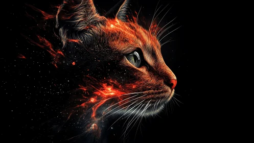 Fiery Cat Portrait with Cosmic Energy Burst.
