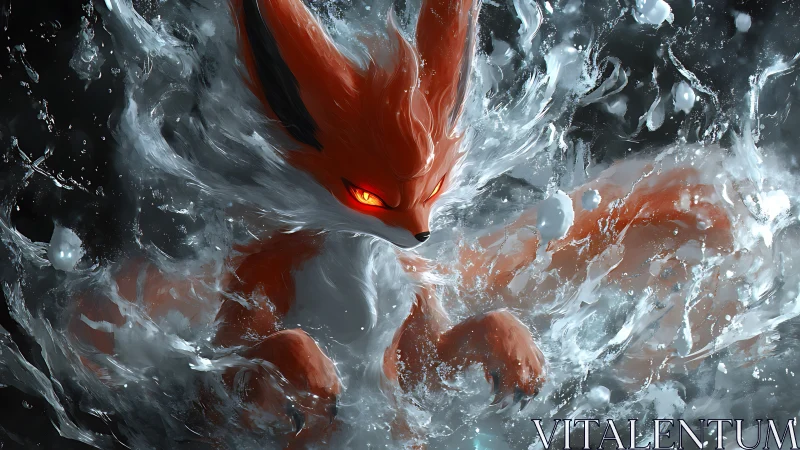 Stormbound fire fox erupts from silver water vortex fury.