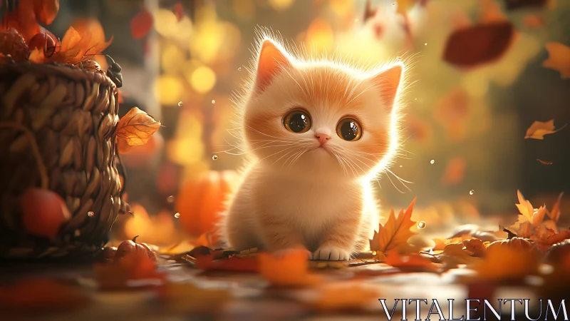 Luminescent Kitten in Autumn Foliage: Digital Rendering.