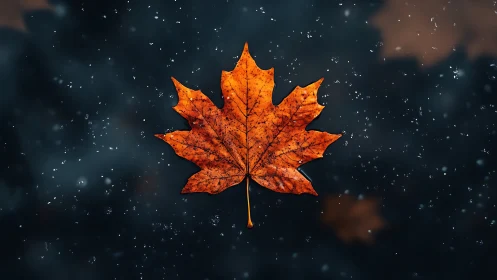 Macro view of orange maple leaf against dark bokeh background