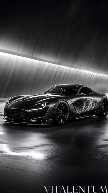 Monochrome tunnel render shows low-slung aero coupe with specular highlights