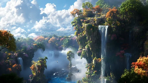 Stratified aerial ravine with cascading waterfalls and mist.