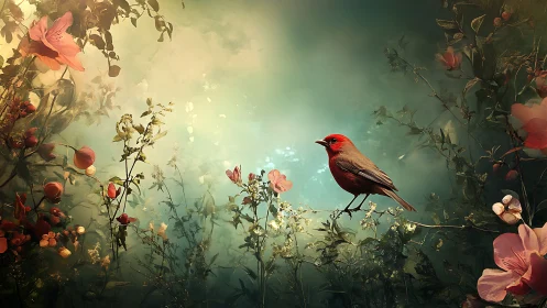Red bird on branch amid dense flowers and foliage.