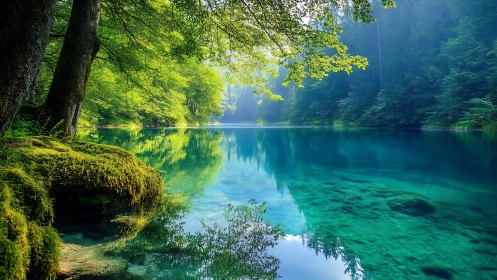 Emerald forest shoreline leans over a glassy turquoise lake