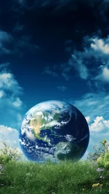 Earth resting gently in a bright wildflower meadow.