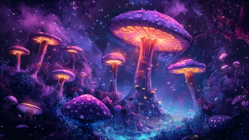 Glowing mushroom forest under a dreamy cosmic night.