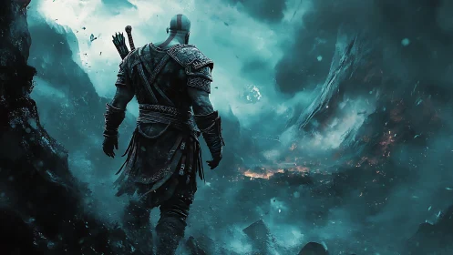 Armored warrior advances through stormlit mythic canyonscape