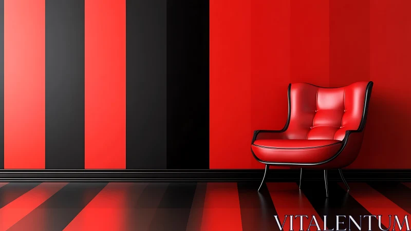 Red leather lounge chair anchors bold striped interior scene