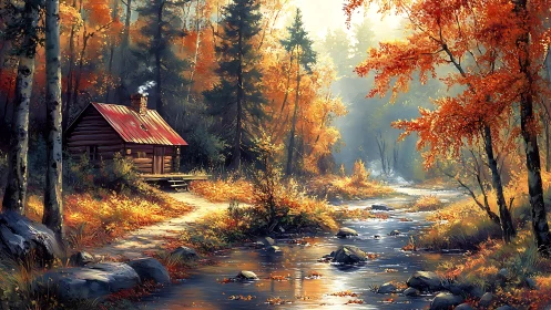 Autumn forest cabin by reflective stream in warm backlighting