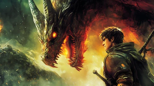 Firelit Standoff Between Ember Dragon And Lone Warrior.