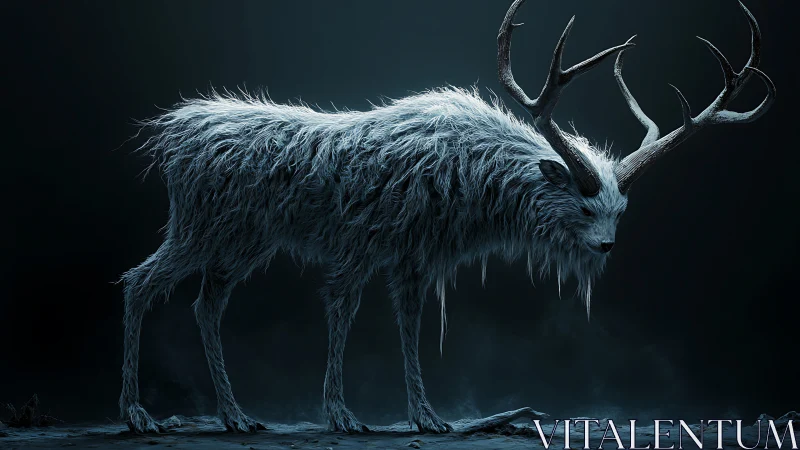 Frost crowned stag drifting through a moonless winter hush.