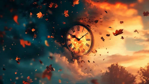 Falling leaves swirl around a glowing clock in shifting sky