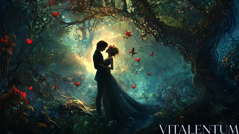 Silhouetted figures in bioluminescent forest setting.