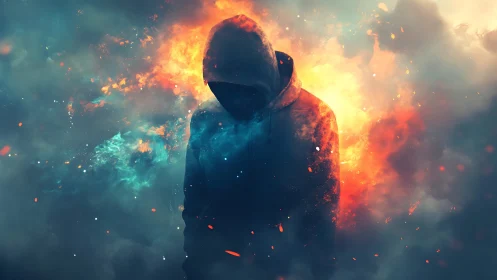 Hooded wanderer wrapped in stormy fire and glowing mist.