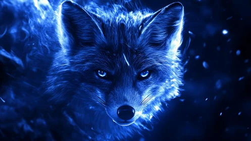 Luminous blue fox portrait in high-contrast digital glow.