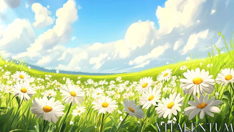 Sunlit daisies gossip beneath a sky of wandering clouds