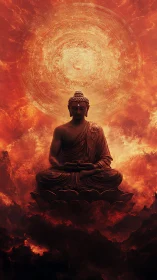 Buddha sculpture glows within fiery mandala halo sky.