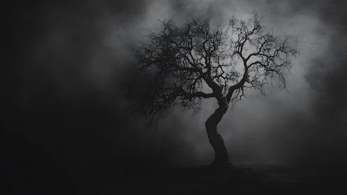 Solitary twisted tree emerges from deep nocturnal fog