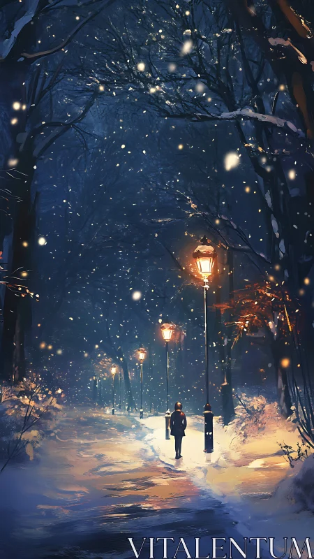 Nocturnal winter promenade under lamplit snowfall corridor.