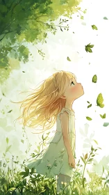 Young girl stands in foliage and observes floating leaves