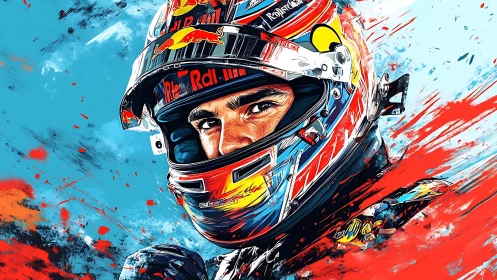 Racing driver portrait in dynamic splatter digital style.