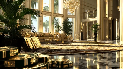Opulent sunlit mansion lobby gleams with gold accents.